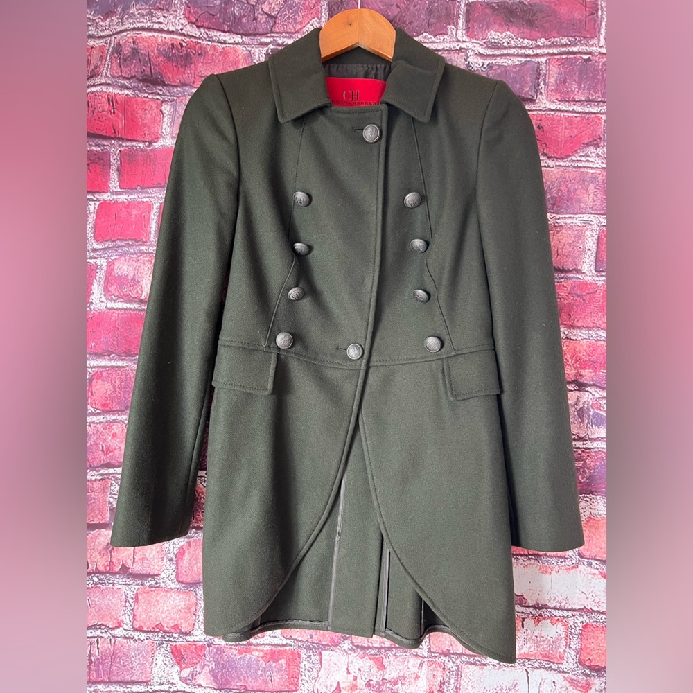 CH Carolina Herrera Double Breasted Virgin Wool Cashmere Coat Olive Green